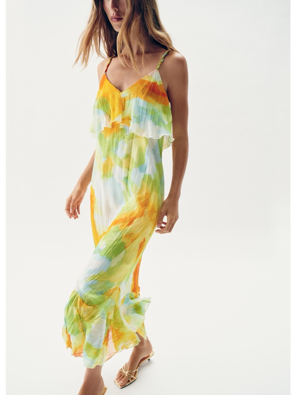 ZARA PRINTED RUFFLE MIDI DRESS Size M NWT - Picture 2 of 10